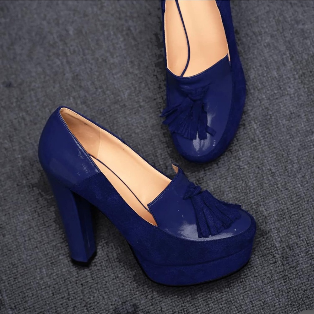 Chunky Block High Heel Fringed Pumps Round Toe Slip On Loafers Tassel Suede - Picture 3 of 5